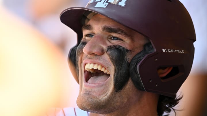 Jun 8, 2024; College Station, TX, USA; Texas A&M outfielder Jace LaViolette (17) reacts after scoring a run during the fourth inning against the Oregon at Olsen Field, Blue Bell Park Mandatory Credit: Maria Lysaker-USA TODAY Sports