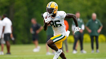 Green Bay Packers wide receiver Grant DuBose (86) runs downfield after completing a catch during a joint practice between the Green Bay Packers and the Cincinnati Bengals, Wednesday, Aug. 9, 2023, at the practice fields next to Paycor Stadium in Cincinnati.
