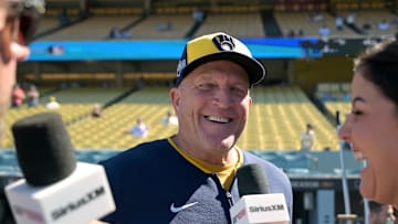 Oct 16, 2025; Los Angeles, California, USA; Milwaukee Brewers manager Pat Murphy (49) speaks to media on the field before game three against the Los Angeles Dodgers in the NLCS round for the 2025 MLB playoffs at Dodger Stadium. Mandatory Credit: Jayne Kamin-Oncea-Imagn Images