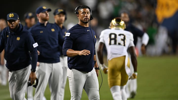 Head coach Marcus Freeman looks on during the game against the Texas A&M Aggies in third quarter at Kyle Field on August 31, 2024 in College Station, Texas.