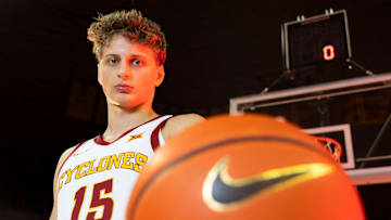 Iowa State guard Nojus Indrusaitis poses for a portrait during Iowa State men's basketball media day at Hilton Coliseum on Wednesday, Oct. 9, 2024, in Ames.