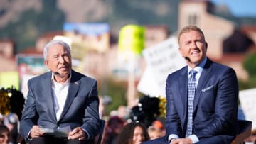 Sep 16, 2023; Boulder, Colorado, USA; Lee Corso and Kirk Herbstreit on the set of ESPN College GameDay prior to the game between the Colorado Buffaloes and the Colorado State Rams at Folsom Field. Mandatory Credit: Andrew Wevers-USA TODAY Sports