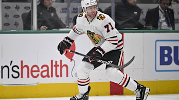 Nov 7, 2024; Dallas, Texas, USA; Chicago Blackhawks left wing Taylor Hall (71) in action during the game between the Dallas Stars and the Chicago Blackhawks at the American Airlines Center. Mandatory Credit: Jerome Miron-Imagn Images