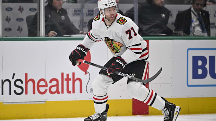 Nov 7, 2024; Dallas, Texas, USA; Chicago Blackhawks left wing Taylor Hall (71) in action during the game between the Dallas Stars and the Chicago Blackhawks at the American Airlines Center. Mandatory Credit: Jerome Miron-Imagn Images