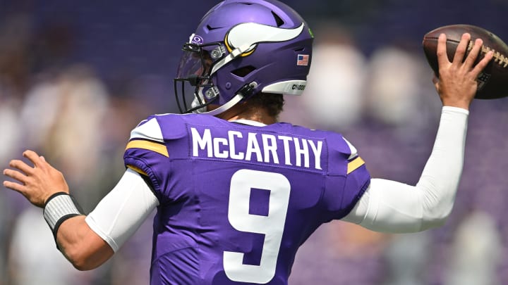 Aug 10, 2024; Minneapolis, Minnesota, USA; Minnesota Vikings quarterback J.J. McCarthy (9) warms up before the game against the Las Vegas Raiders at U.S. Bank Stadium. Mandatory Credit: Jeffrey Becker-USA TODAY Sports