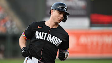 Jul 25, 2025; Baltimore, Maryland, USA;  Baltimore Orioles outfielder Tyler O'Neill (9) rounds the bases after hitting a solo home run during the first inning against the Colorado Rockies at Oriole Park at Camden Yards. Mandatory Credit: James A. Pittman-Imagn Images