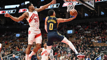 Apr 9, 2024; Toronto, Ontario, CAN;  Indiana Pacers guard Tyrese Haliburton (0) scores on a reverse