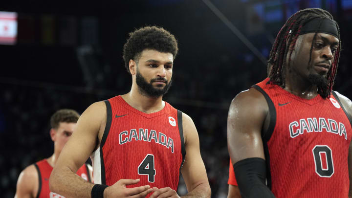 Canada guard Jamal Murray (4) leaves the court after the loss against France in a men’s basketball quarterfinal game during the Paris 2024 Olympic Summer Games at Accor Arena. Mandatory Credit: