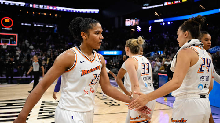 Aug 19, 2025; San Francisco, California, USA; Phoenix Mercury forward Alyssa Thomas (25) celebrates with forward Kathryn Westbeld (24) after their win over the Golden State Valkyries at Chase Center. Mandatory Credit: Eakin Howard-Imagn Images