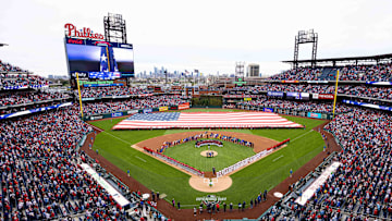 General view of Citizens Bank Park during the anthem before the Philadelphia Phillies home opener.