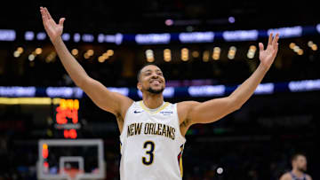 Mar 11, 2025; New Orleans, Louisiana, USA; New Orleans Pelicans guard CJ McCollum (3) reacts after a three-point basket against the Los Angeles Clippers during the fourth quarter at Smoothie King Center. Mandatory Credit: Matthew Hinton-Imagn Images