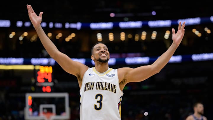 Mar 11, 2025; New Orleans, Louisiana, USA; New Orleans Pelicans guard CJ McCollum (3) reacts after a three-point basket against the Los Angeles Clippers during the fourth quarter at Smoothie King Center. Mandatory Credit: Matthew Hinton-Imagn Images