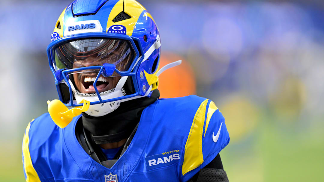Sep 28, 2025; Inglewood, California, USA; Los Angeles Rams wide receiver Tutu Atwell (5) runs for a touchdown on an 88 yard pass play in the fourth quarter against the Indianapolis Colts at SoFi Stadium. Mandatory Credit: Jayne Kamin-Oncea-Imagn Images