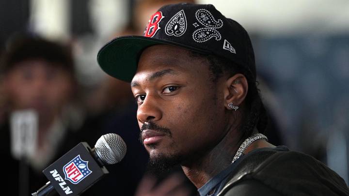 Feb 5, 2026; Santa Clara, CA, USA; New England Patriots wide receiver Stefon Diggs (8) talks to media members at the Santa Clara Marriott. Mandatory Credit: Darren Yamashita-Imagn Images