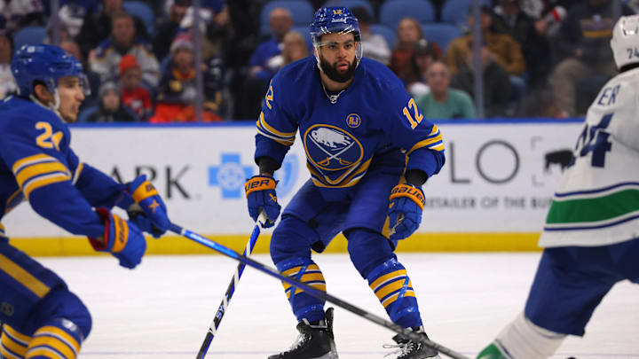 Jan 13, 2024; Buffalo, New York, USA;  Buffalo Sabres left wing Jordan Greenway (12) looks to defend