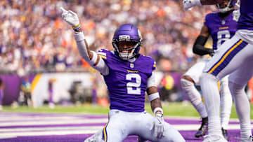 Sep 21, 2025; Minneapolis, Minnesota, USA; Minnesota Vikings cornerback Isaiah Rodgers (2) reacts after breaking up a pass against the Cincinnati Bengals during the first half at U.S. Bank Stadium. Mandatory Credit: Brad Rempel-Imagn Images