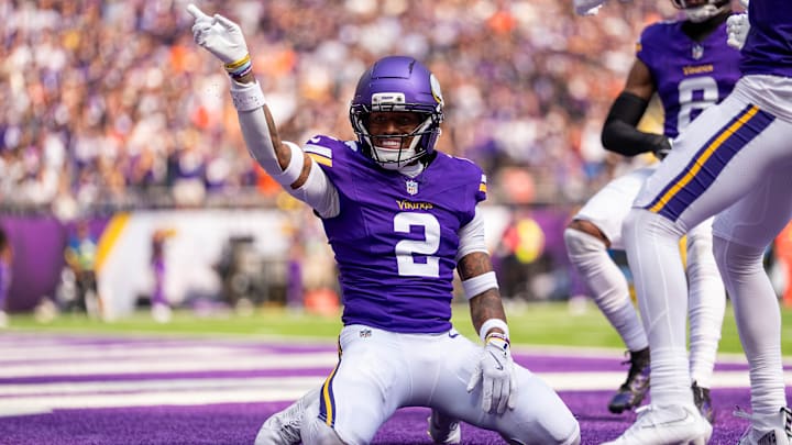 Sep 21, 2025; Minneapolis, Minnesota, USA; Minnesota Vikings cornerback Isaiah Rodgers (2) reacts after breaking up a pass against the Cincinnati Bengals during the first half at U.S. Bank Stadium.