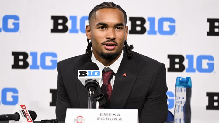 Jul 23, 2024; Indianapolis, IN, USA; Ohio State Buckeyes wide receiver Emeka Egbuka speaks to the media during the Big 10 football media day at Lucas Oil Stadium.