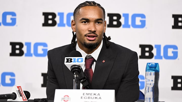 Jul 23, 2024; Indianapolis, IN, USA; Ohio State Buckeyes wide receiver Emeka Egbuka speaks to the media during the Big 10 football media day at Lucas Oil Stadium.