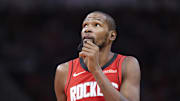 Oct 24, 2025; Houston, Texas, USA; Houston Rockets forward Kevin Durant (7) looks up during the third quarter against the Detroit Pistons at Toyota Center. Mandatory Credit: Troy Taormina-Imagn Images
