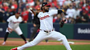 Cleveland Guardians pitcher Emmanuel Clase (48)  pitches in in the eighth inning against the Detroit Tigers  during game five of the ALDS for the 2024 MLB Playoffs at Progressive Field.