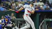 Apr 9, 2025; Kansas City, Missouri, USA; Minnesota Twins designated hitter Matt Wallner (38) hits a home run during the eighth inning against the Kansas City Royals at Kauffman Stadium.