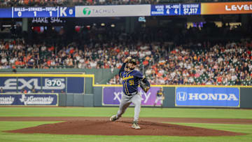 May 17, 2024; Houston, Texas, USA; Milwaukee Brewers starting pitcher Freddy Peralta (51) pitches against the Houston Astros in the inning at Minute Maid Park.