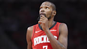 Oct 24, 2025; Houston, Texas, USA; Houston Rockets forward Kevin Durant (7) looks up during the third quarter against the Detroit Pistons at Toyota Center. Mandatory Credit: Troy Taormina-Imagn Images