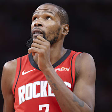 Oct 24, 2025; Houston, Texas, USA; Houston Rockets forward Kevin Durant (7) looks up during the third quarter against the Detroit Pistons at Toyota Center. Mandatory Credit: Troy Taormina-Imagn Images