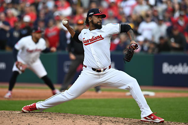Emmanuel Clase throws a pitch 
