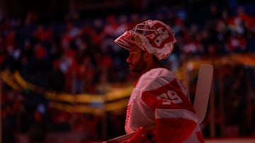 Detroit Red Wings goaltender Cam Talbot prepares for a game against the Calgary Flames.