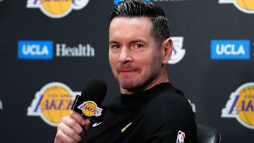  Los Angeles Lakers coach JJ Redick at a press conference at the Crypto.com Arena.