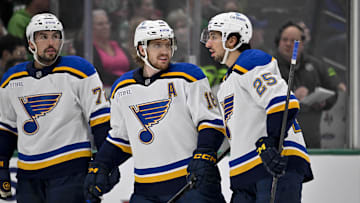 Dec 14, 2024; Dallas, Texas, USA; St. Louis Blues defenseman Justin Faulk (72) and center Robert Thomas (18) and center Jordan Kyrou (25) in action during the game between the Dallas Stars and the St. Louis Blues at American Airlines Center. Mandatory Credit: Jerome Miron-Imagn Images