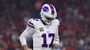 Nov 20, 2025; Houston, Texas, USA; Buffalo Bills quarterback Josh Allen (17) walks off the field after a play during the game against the Houston Texans at NRG Stadium. Mandatory Credit: Troy Taormina-Imagn Images