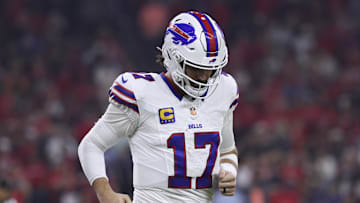 Nov 20, 2025; Houston, Texas, USA; Buffalo Bills quarterback Josh Allen (17) walks off the field after a play during the game against the Houston Texans at NRG Stadium.