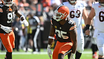 Sep 7, 2025; Cleveland, Ohio, USA; Cleveland Browns defensive end Myles Garrett (95) celebrates after a play during the second half against the Cincinnati Bengals at Huntington Bank Field. Mandatory Credit: Ken Blaze-Imagn Images