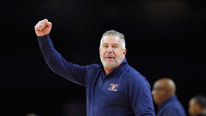 Apr 4, 2025; San Antonio, TX, USA; Auburn Tigers head coach Bruce Pearl during a practice session for the Final Four of the 2025 NCAA tournament at Alamodome. Mandatory Credit: Bob Donnan-Imagn Images