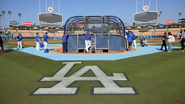 General view of the Los Angeles Dodgers logo on the field at Dodger Stadium before a game