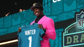 Apr 24, 2025; Green Bay, WI, USA; Colorado Buffaloes wide receiver Travis Hunter is selected by the Jacksonville Jaguars as the number two pick in the first round of the 2025 NFL Draft at Lambeau Field. Mandatory Credit: Kirby Lee-Imagn Images