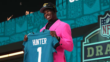 Apr 24, 2025; Green Bay, WI, USA; Colorado Buffaloes wide receiver Travis Hunter is selected by the Jacksonville Jaguars as the number two pick in the first round of the 2025 NFL Draft at Lambeau Field. Mandatory Credit: Kirby Lee-Imagn Images