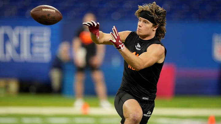 Mar 1, 2025; Indianapolis, IN, USA; Arkansas wideout Isaac Teslaa (WO41) during the 2025 NFL Combine at Lucas Oil Stadium. 