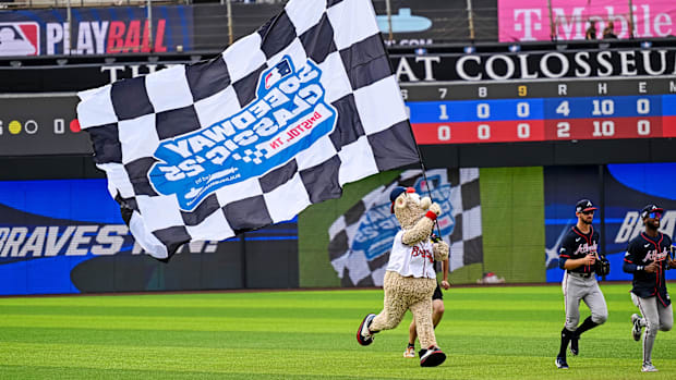Braves mascot Blooper celebrates a win