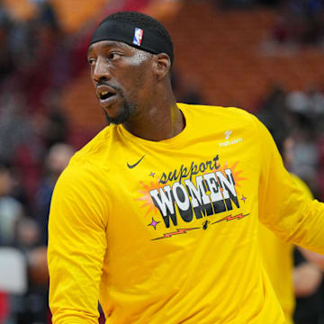 Mar 22, 2024; Miami, Florida, USA;  Miami Heat center Bam Adebayo (13) warms-up before the game against the New Orleans Pelicans at Kaseya Center. Mandatory Credit: Jim Rassol-Imagn Images