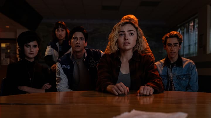 L-R: Sarah Yarkin as Rhonda, Ci Hang Ma as Quinn, Milo Manheim as Wally Clark, Peyton List as Maddie Nears and Nick Pugliese as Charley in School Spirits, episode 7, season 2, streaming on Paramount+, 2025