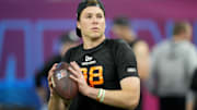 Mar 1, 2025; Indianapolis, IN, USA; Notre Dame quarterback Riley Leonard (QB08) during the 2025 NFL Combine at Lucas Oil Stadium. Mandatory Credit: Kirby Lee-Imagn Images