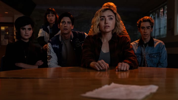 L-R: Sarah Yarkin as Rhonda, Ci Hang Ma as Quinn, Milo Manheim as Wally Clark, Peyton List as Maddie Nears, and Nick Pugliese as Charley in School Spirits season 2
