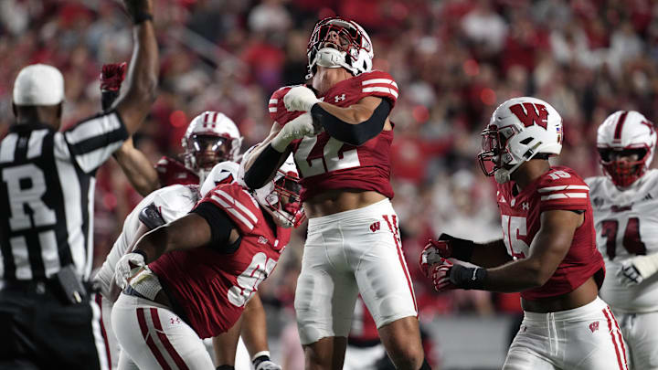 Aug 28, 2025; Madison, Wisconsin, USA; Wisconsin Badgers linebacker Mason Reiger (22) celebrates following a sack during the second quarter against the Miami (OH) RedHawks at Camp Randall Stadium. Aug 28, 2025; Madison, Wisconsin, USA; Wisconsin Badgers linebacker Mason Reiger (22) celebrates following a sack during the second quarter against the Miami (OH) RedHawks at Camp Randall Stadium.