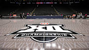 Mar 11, 2025; Kansas City, MO, USA; Big 12 logo center court prior to the game between the Cincinnati Bearcats and the Oklahoma State Cowboys at T-Mobile Center. 