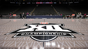 Mar 11, 2025; Kansas City, MO, USA; Big 12 logo center court prior to the game between the Cincinnati Bearcats and the Oklahoma State Cowboys at T-Mobile Center. Mandatory Credit: William Purnell-Imagn Images