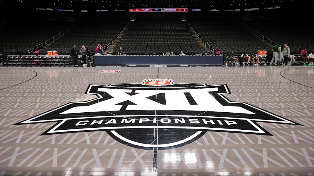 Mar 11, 2025; Kansas City, MO, USA; Big 12 logo center court prior to the game between the Cincinnati Bearcats and the Oklahoma State Cowboys at T-Mobile Center. Mandatory Credit: William Purnell-Imagn Images
